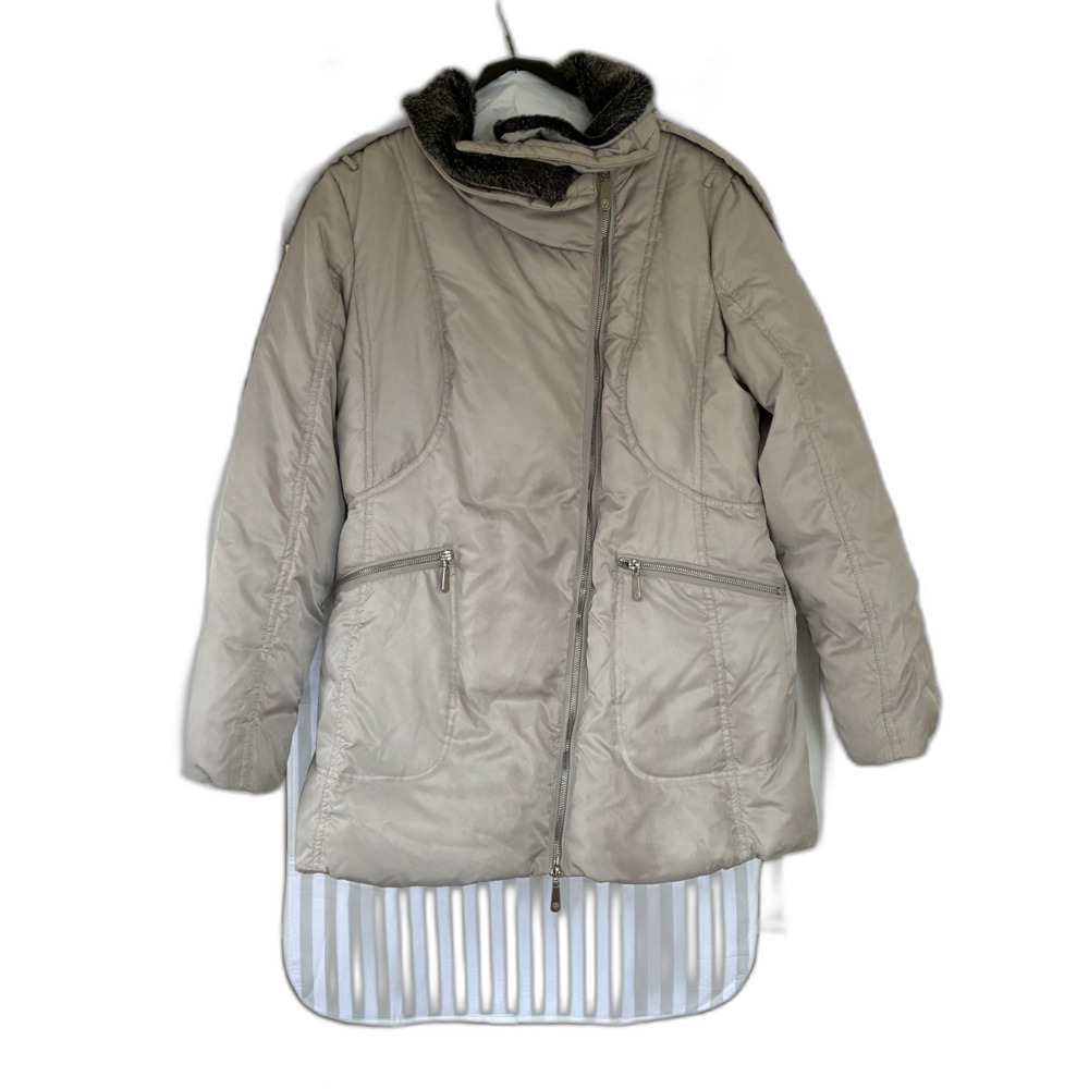 Vince Camuto Womens Asymmetrical Moto Quilted Puffer Coat Faux Fur Beige Size XL